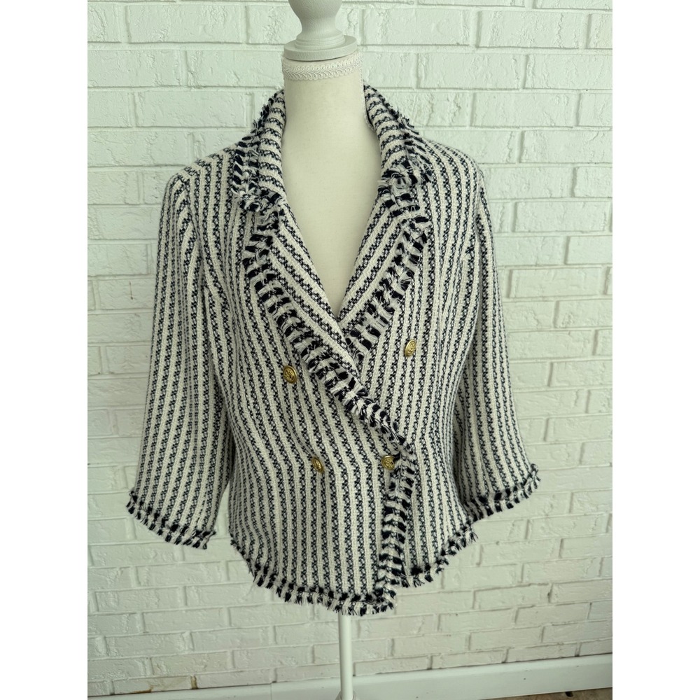 G by Giuliana Tweed Blazer Women Large Navy/White Excellent Fringe Striped